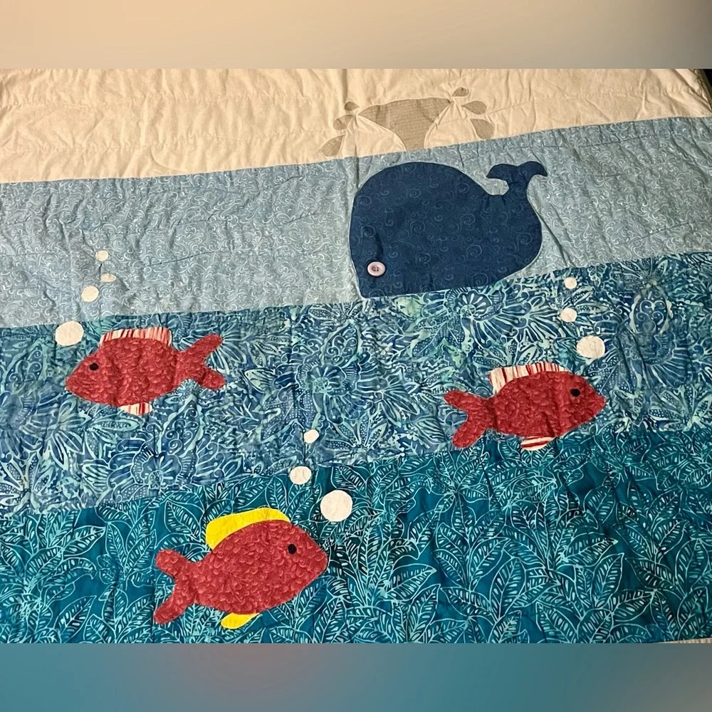 Handmade Quilt Baby Crib Blanket Appliqué Fish Whale Sea Nursery Wall hanging